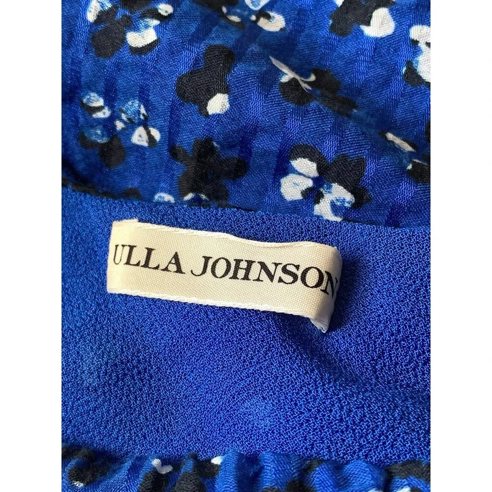 Ulla Johnson Femi Top 8 Silk Cotton Blend Blue Floral One Shoulder Puff Sleeves